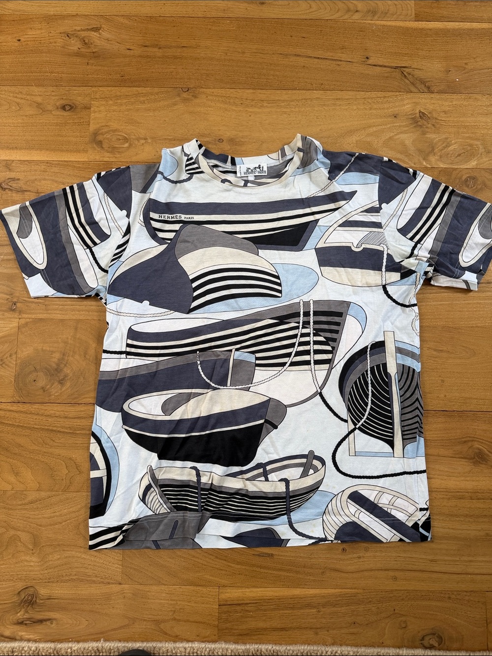 Vintage Hermes Boat-Print Short Sleeve Tee in Blue and Gray